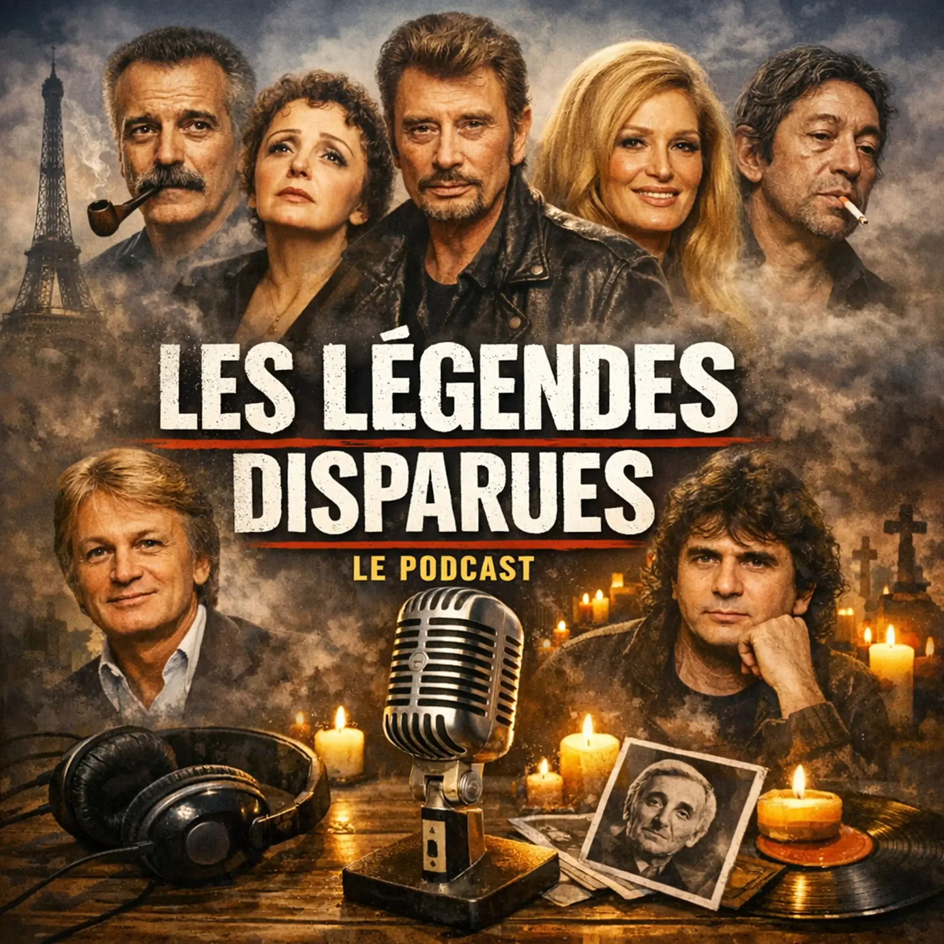 Affiche podcast Les Légendes Disparues avec portraits célèbres